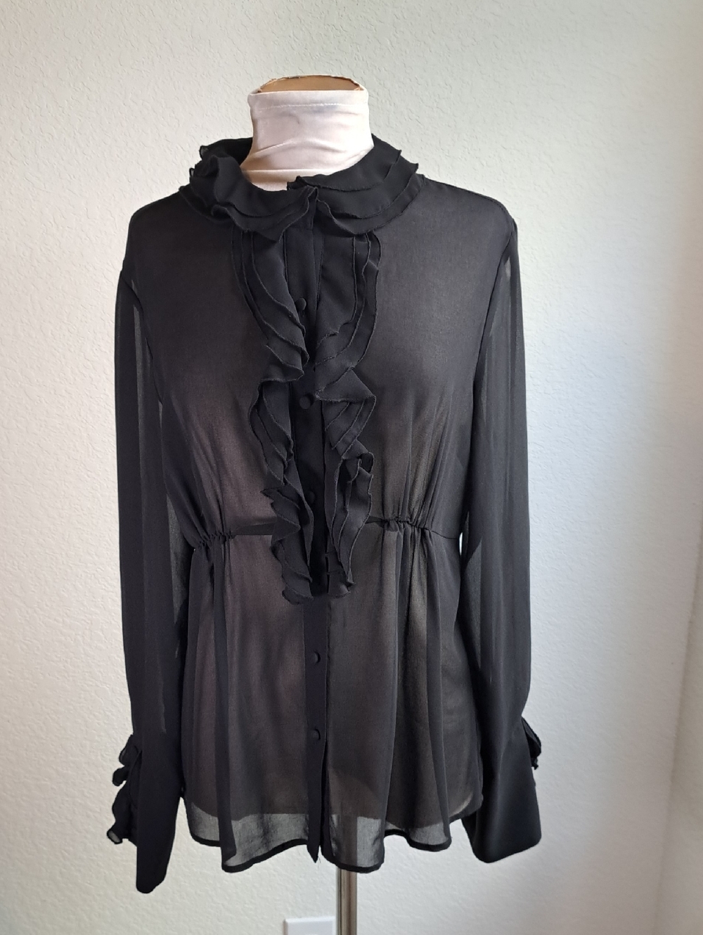 WD.NY Women’s Black Ruffle Neck Front Button-Down Blouse Sheer Sz 14 Long Sleeve